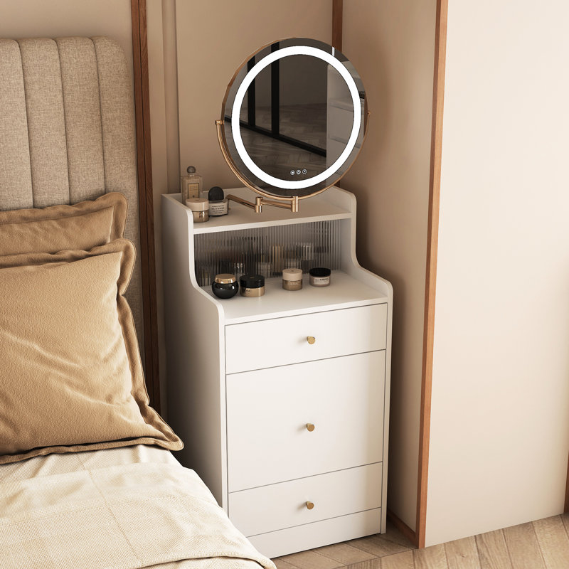 Bureau de coiffeuse blanc 3 en 1 avec miroir et rangement spacieux, 2 tiroirs, option de charge, tabouret rembourré, station de tiroirs éclairée compacte, station de tiroirs, coiffeuse