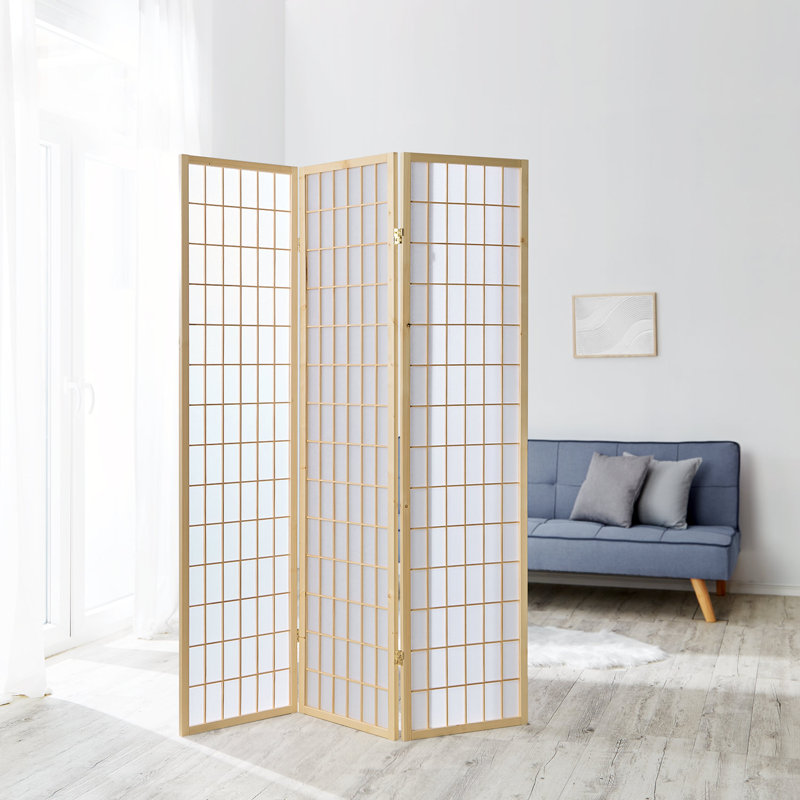 Room Divider Sawtelle Screen Partition Shoji Room Divider Wood, 3 panels, White/Natural Wood
