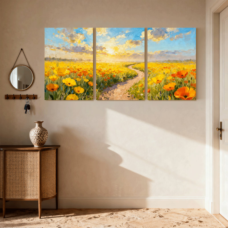 Assortiment de bouquets de fleurs ensoleillées avec coquelicots jaunes et chemin, ensemble de 3 impressions sur toile
