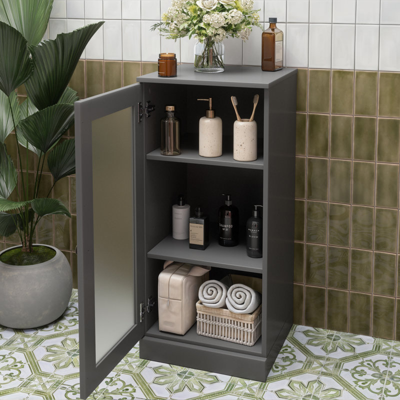 100% Solid Wood 16.5" Bathroom Cabinet with Frosted Glass Door and Adjustable Shelves, Gray