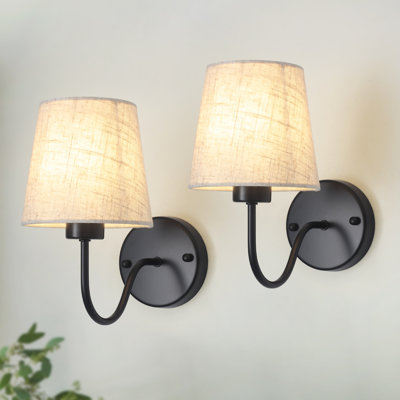 Iknoor Dimmable Rustic Black Bath Sconce Wall Light with Linen Beige Fabric Lampshade for Toilet, Hallway, Staircase, Living Room, Bathroom Dining Room