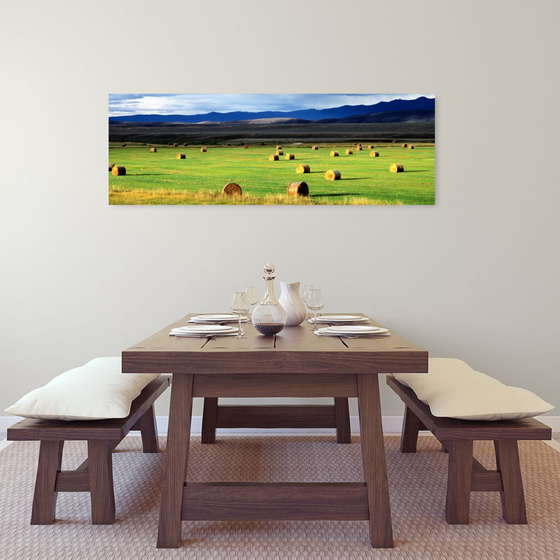 Haystacks, Field, Jackson County, Colorado, États-Unis, paysage contemporain abstrait, art mural, H 16 po x l 48 po