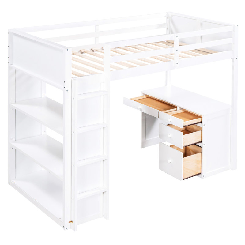 Lit mezzanine simple avec tablettes et bureau - Blanc