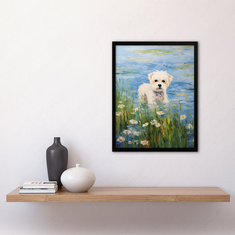 Maltese Dog Claude Monet Style Portrait Lake Wildflowers - Single Picture Frame Print