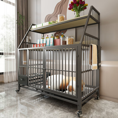Grand meuble pour cage de chien avec support de rangement et tiroirs