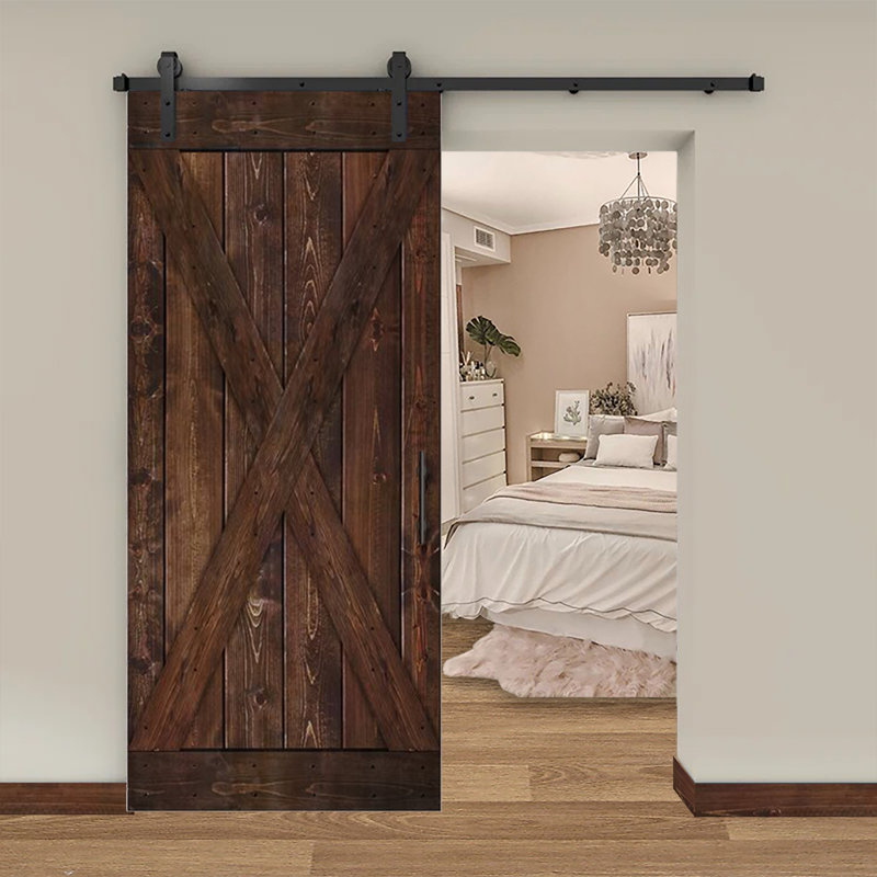 Panelled Wood Walnut Sliding Barn Door with Installation Hardware Kit, 24" x 84"