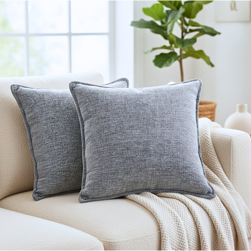 Ensemble de 2 housses de coussin en chenille à texture douce, Gris, Carré 16 po, Housse de coussin seulement - sans coussin