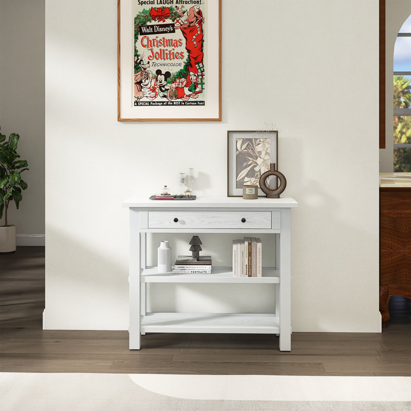 Table d'entrée avec rangement, console rétro avec tiroir et deux tablettes robustes pour l'entrée, Blanc antique