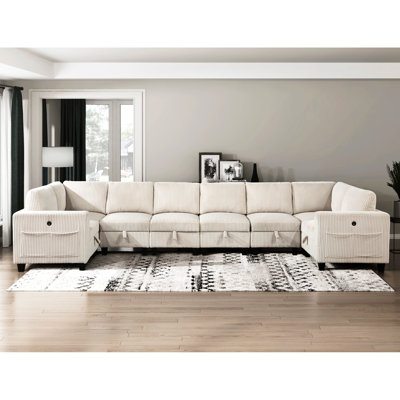 Beige Corduroy 8 Sectional With Storage, Charging Ports, Side Pockets & Solid Wood Construction Couch Storage Seats, Pockets, Ports In
