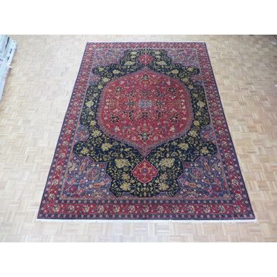 Tapis rouge / bleu en laine noué à la main Dereyon