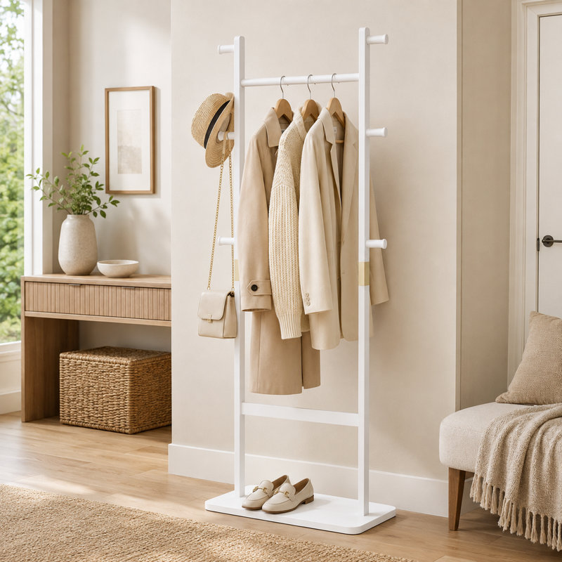 Portemanteau autoportant en bois massif blanc, 60 cm L x 30 cm l x 180 cm H, écologique et facile à monter. Support décoratif idéal pour la chambre, l'entrée et le salon.