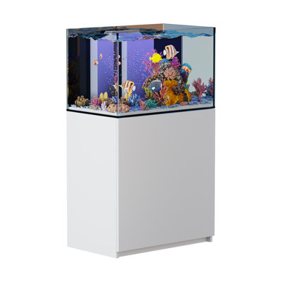 Système de récif d'aquarium en verre sans cadre Aqua Dream 90 gallons - réservoir marin ultra transparent avec armoire en aluminium, puisard et plomberie intégrés, blanc