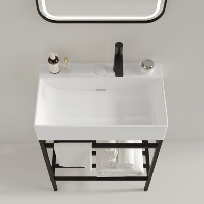 Meuble-lavabo de salle de bain avec lavabo en céramique, ensemble de lavabo console autoportant, lavabo rectangulaire en céramique brillant sans robinet, pieds en métal ouverts, tablettes de rangement,