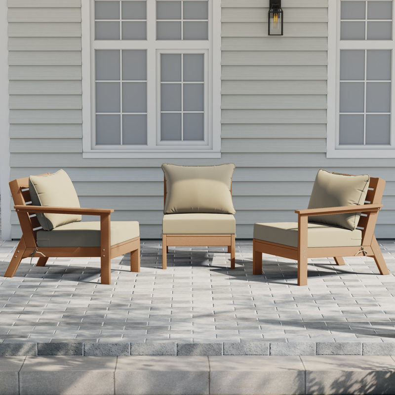 3-Piece Deep Seating Set With Cushions, Beige, Teak