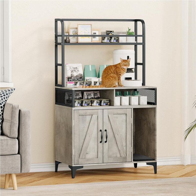 Enceinte de litière pour chat 32 pouces avec tablette de rangement, blanc avec coussin, Gris