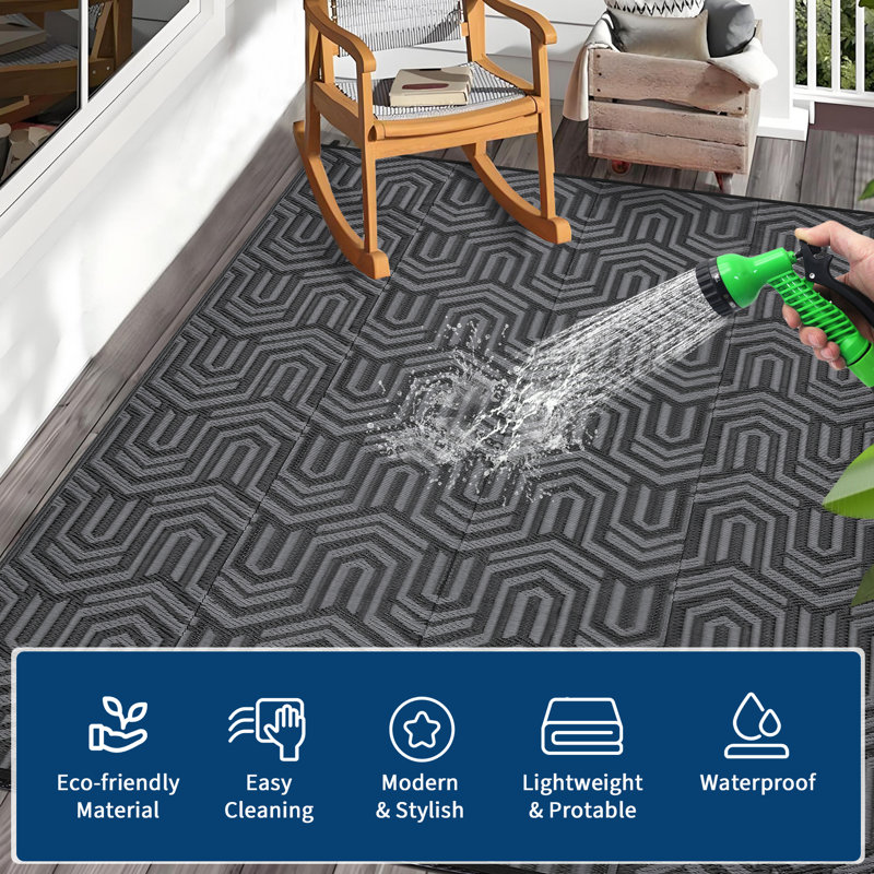 Reversible & Collapsible Outdoor Plastic Area Rug - Modern Abstract Low-Pile Carpet, Mark Resistant, Easy Clean for Patio, Camping, Picnic, RV
