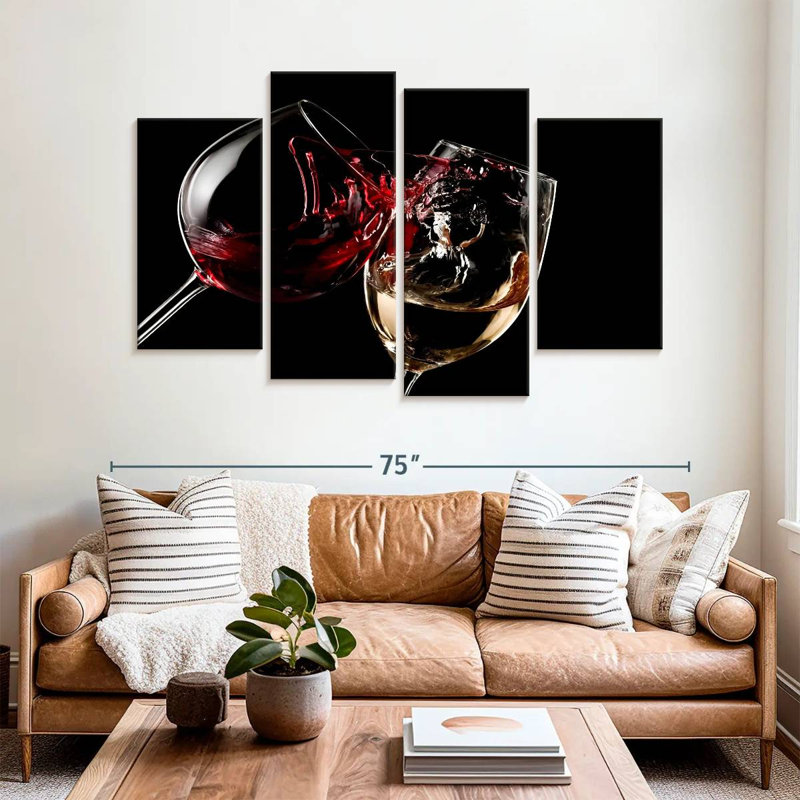 Ensemble de verres à vin rouges et blancs sur toile 4 pièces, H 42 po x l 68 po x P 1,25 po