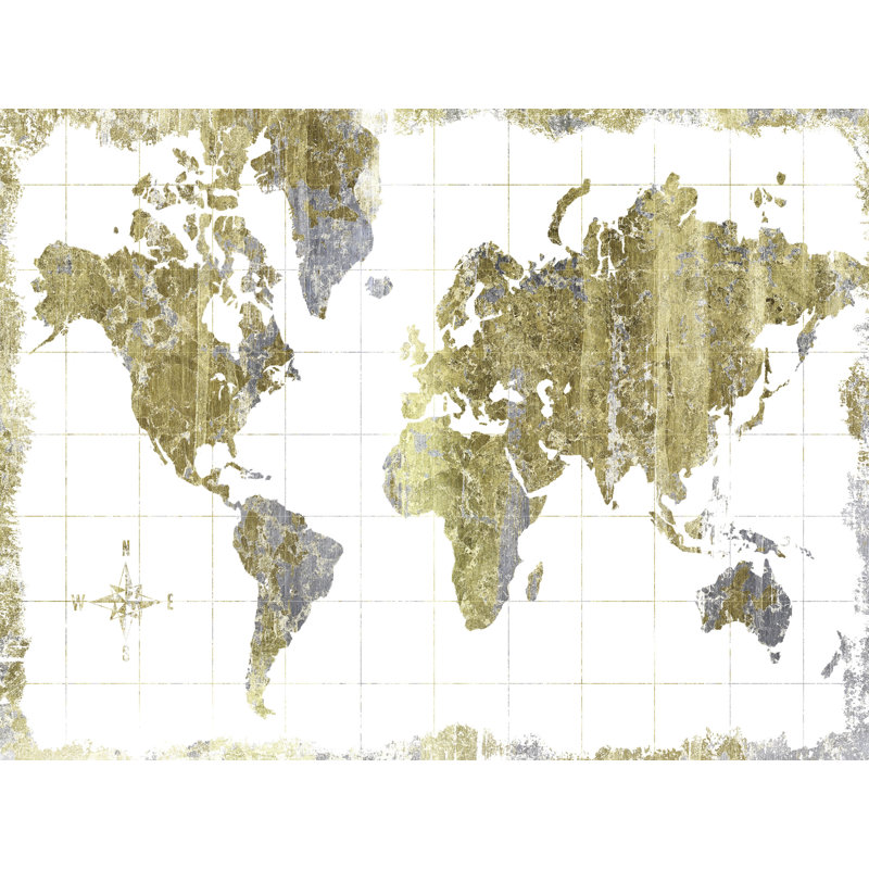 Carte du monde, doré sur blanc, H 24 po x l 36 po x P 1,5 po