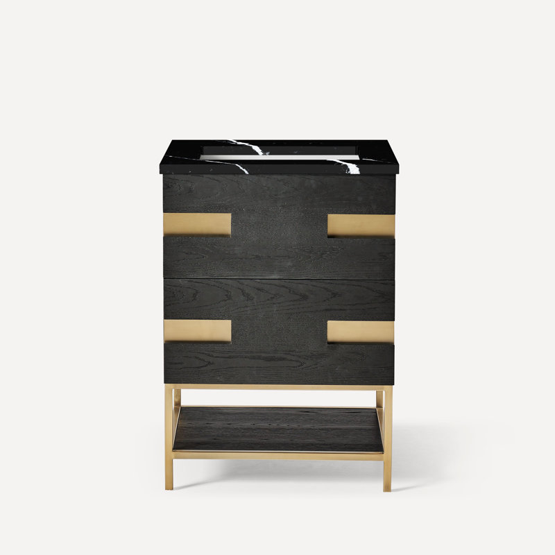 Meuble-lavabo gris naturel 24 po avec plateau en quartz, Marquina éternelle, Noir mat