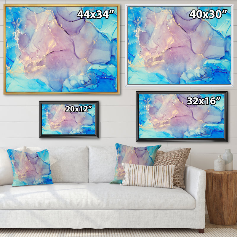 «Blue and Pink Marble Ink Clouds II», peinture sur toile, Cadre flottant blanc, H 12 po x l 20 po x P 1 po