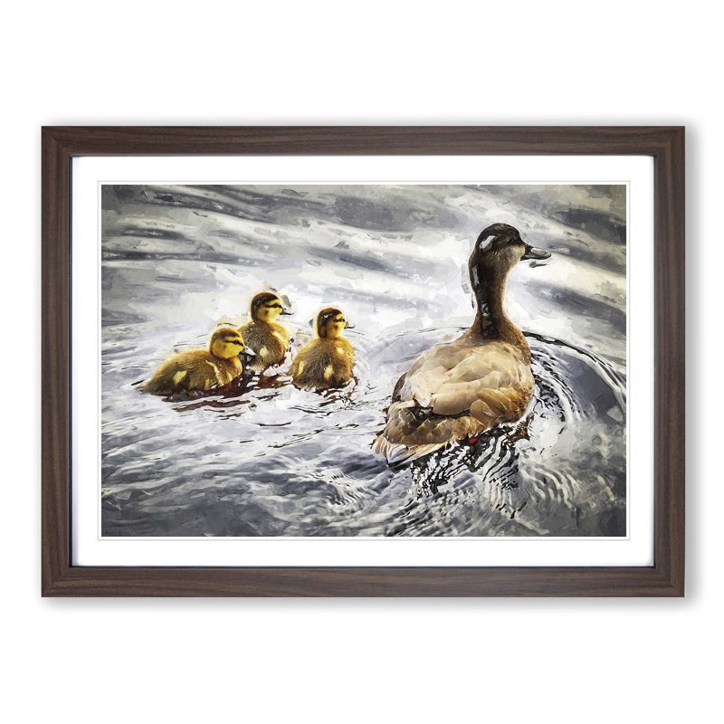 Ducklings with Mother Duck - Picture Frame Graphic Art Print on MDF, Walnut Framed, 36cm H x 48cm W x 2cm D