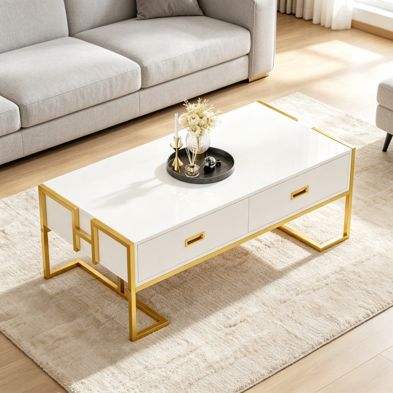 Table basse moderne blanche moderne avec 4 tiroirs et base dorée, Blanc
