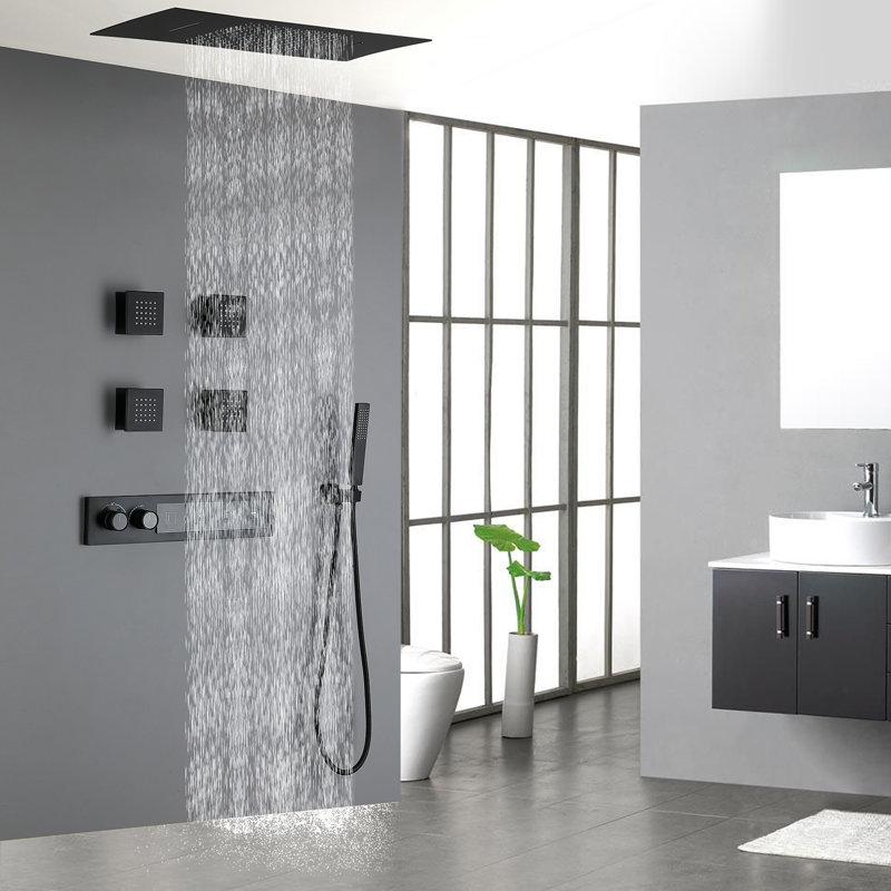 Wall-Mounted Modern Long Row Thermostatic Four-Function Shower System, Matte Black
