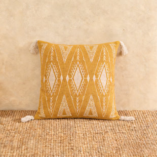 Netbors Embroidered Decorative Throw Pillow Cushion, Boho Design With Tassels For Home Accent Decor, Pillow Case Cover With Ultra Soft Insert For Sofa Couch Bed,18X18 Inch, Yellow Style 1