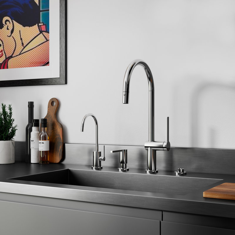 Pull-Down Kitchen Faucet With Button Sprayer - High Arc Spout, Antique Copper Flat