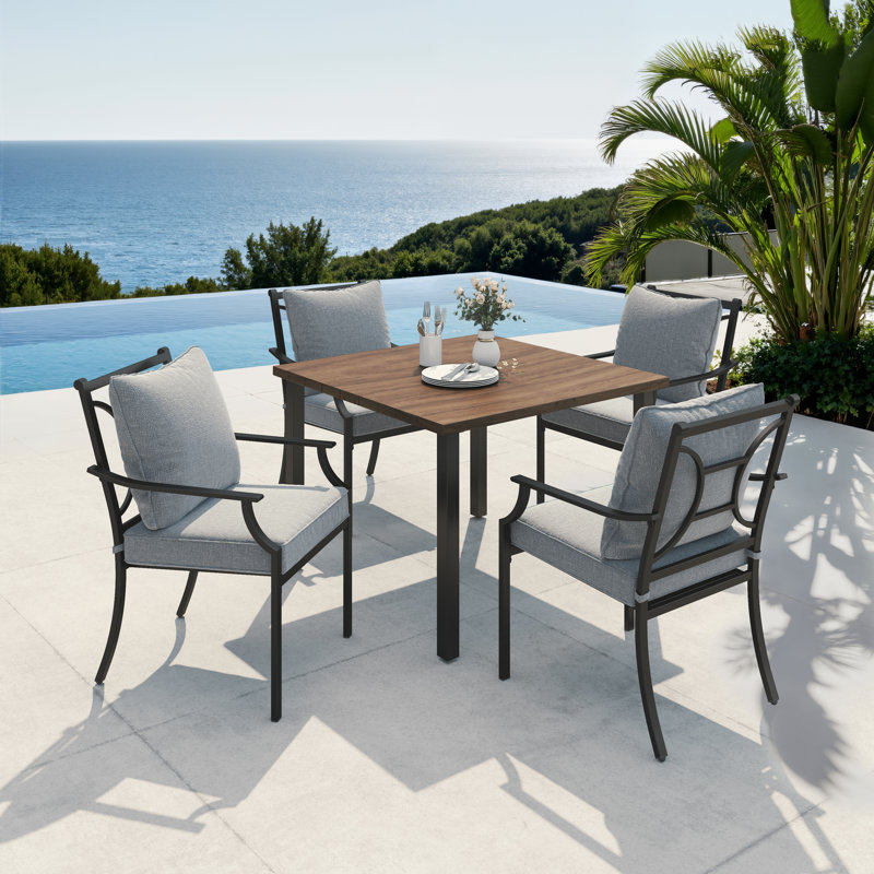 4-Person Outdoor Dining Set With Sailor Steel Table & Fixed Cushioned Armchairs