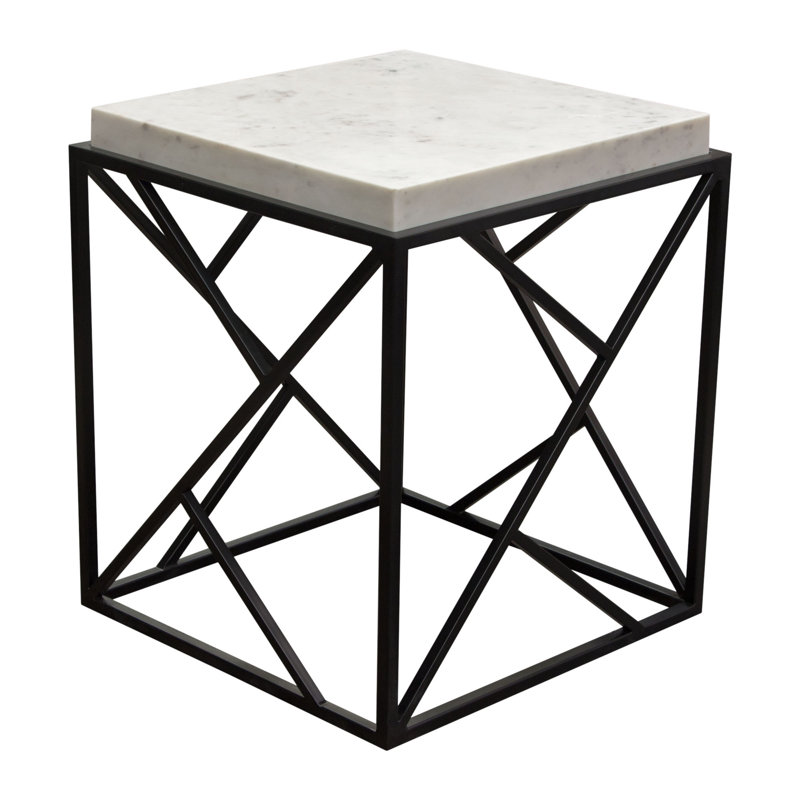 Plymouth 18" Square White Marble and Black Metal Accent Table