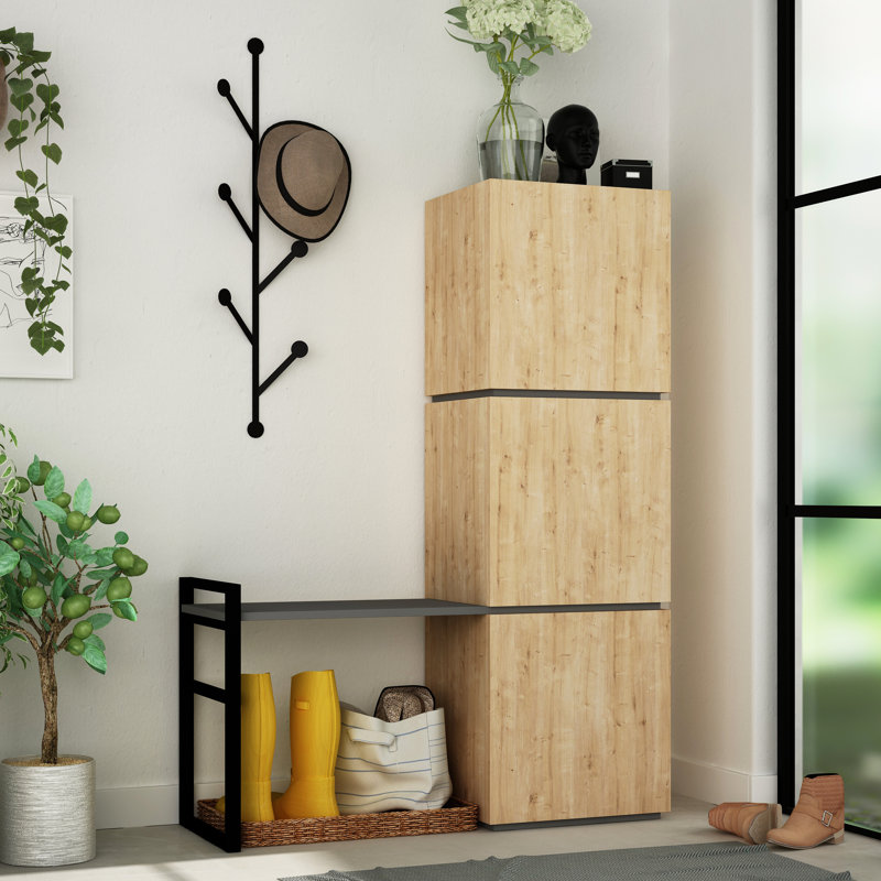 Corbin Hall Tree Bench with Shoe Storage, Coat Hooks, and Metal Hanger for Entryway, Oak/Anthracite