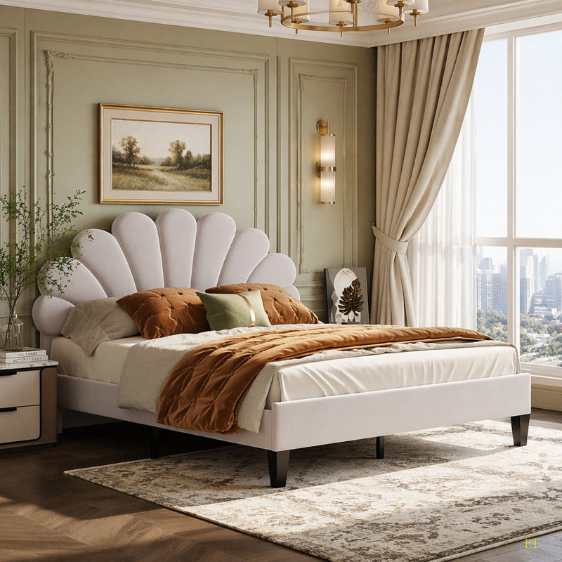 Upholstered Platform Bed With Flower Pattern Velvet Headboard, Queen