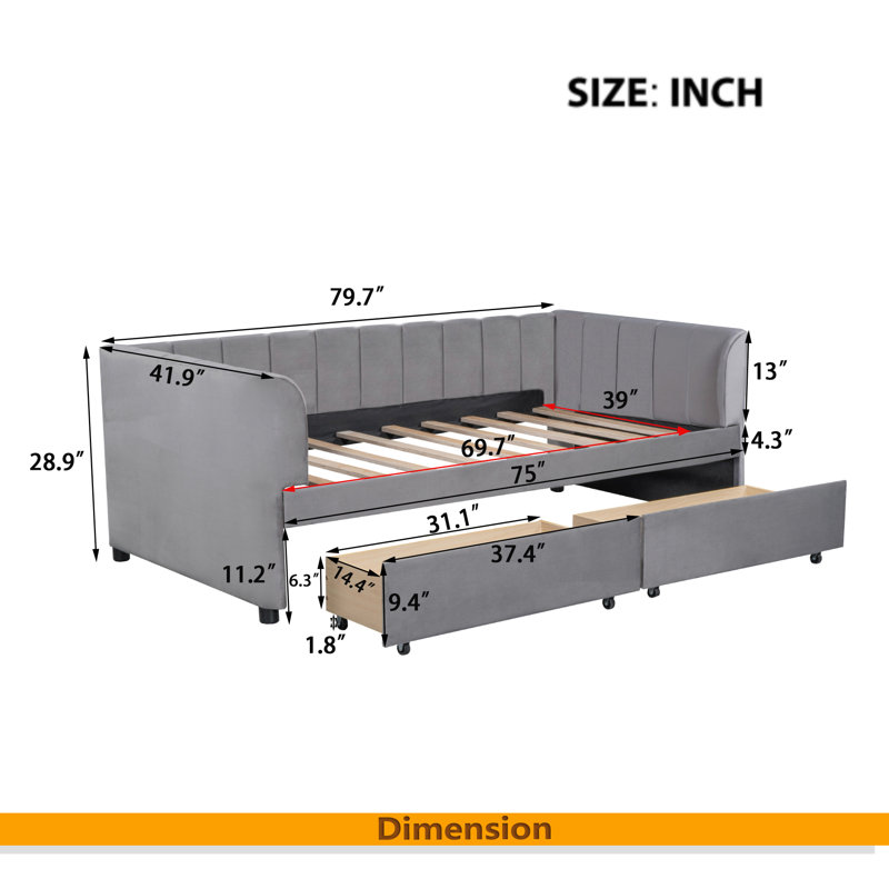 Twin Size Upholstered Daybed With Ergonomic Design Backrest And 2 Drawers, Gray