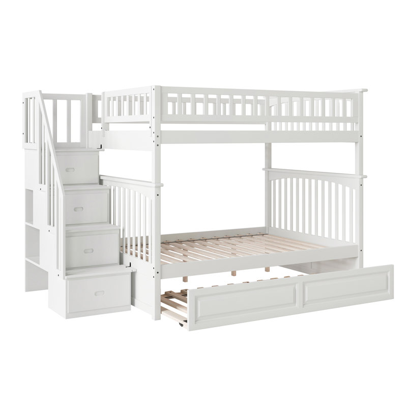 Lit superposé avec escalier de rangement en bois massif Blaisdell, Blanc, Double sur double