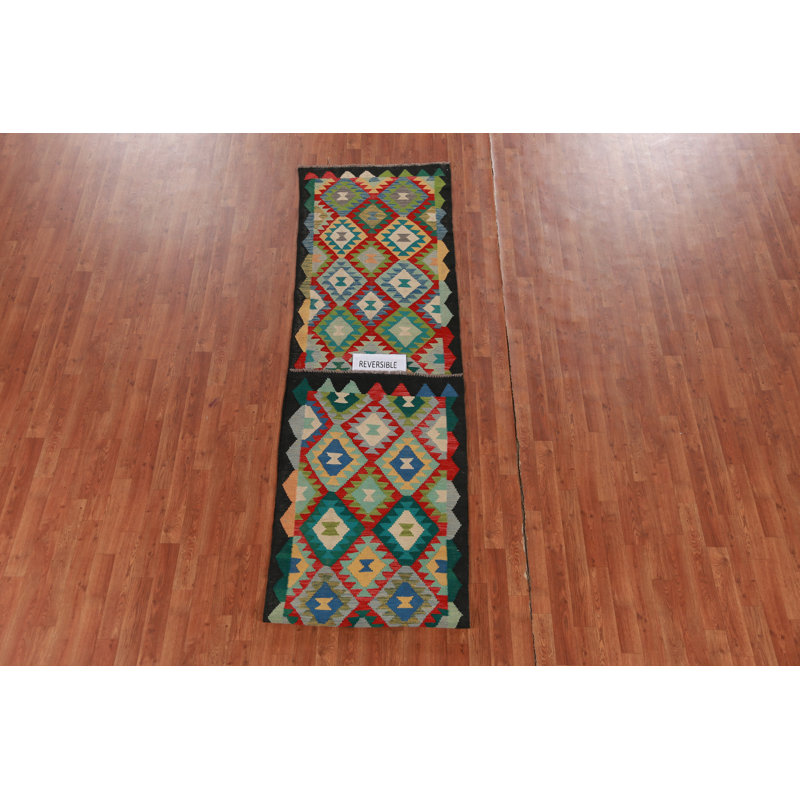 Tapis de couloir oriental géométrique en laine Kilim 3 x 13