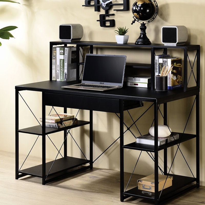 Bureau d'écriture avec tiroir et 8 compartiments ouverts, structure en métal noir, matériau principal, pour structure de bureau rectangulaire à un tube, acier, chambre à coucher