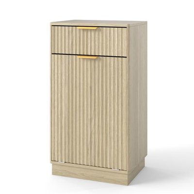 10-Gallon Woodgrain Tilt-Out Trash Can Cabinet with Wave-Textured Drawer & Pull-Out Bin - Multipurpose Kitchen/Bath Organizer in Oak Finish