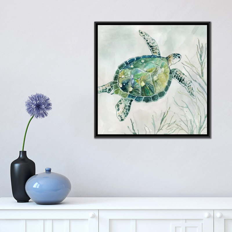 «Seaglass Turtle I» par Carol Robinson - reproduction, H 18 po x l 18 po x 1,5 po, Toile avec cadre noir, Pas de tapis