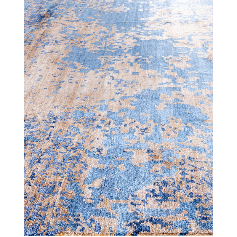 Luxurious Blue Hand-Knotted Silk Rectangular Area Rug