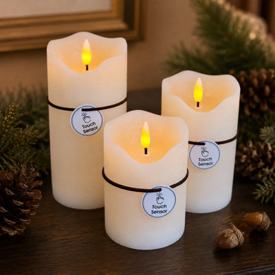 Smart Touch Flameless Candles Set of 3 (Ivory, 3"x 4" 5" 6") | Real Wax LED Pillar Candles w/ 6H Timer & 960+ Hr Battery | Safe Aesthetic Room Decor, Wedding, Table Centerpiece, Party & Valentine's Ambient Decoration Lamp Ambient Night Lamp lights