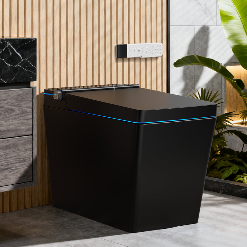 Toilette intelligente BCANHome Black Square avec lavage de bidet avancé, couvercle à ouverture automatique, chasse automatique à 1,28 GPF, siège chauffant à jet double siphon, lavage à chaud et sécheuse, fermeture en douceur, télécommande, stérilisation UV