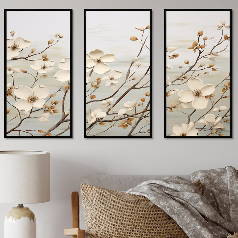 «White Dogwood Blossom Harmony II», ensemble d'art sur toile de cornouiller, H 28 po x l 36 po x P 1 po, Cadre flottant noir