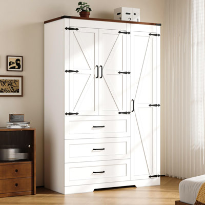 Farmhouse 3-door Wooden Armoire Wardrobe Closet With 3 Drawers, Wardrobe Closet With Hanging Rod And Shelves Tall Clothes Storage Cabinet For Bedroom