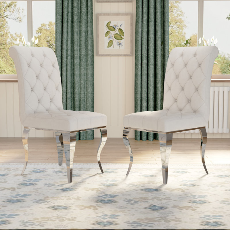 Kinna 20.1'' H Tufted Velvet Upholstered Side Chair, White, Silver