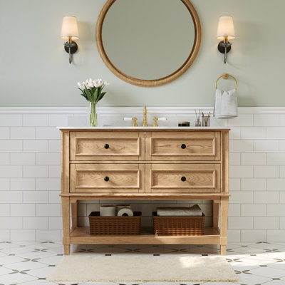48" Fully Assembled Single Bathroom Vanity with Engineered Marble Top, Natural Wood