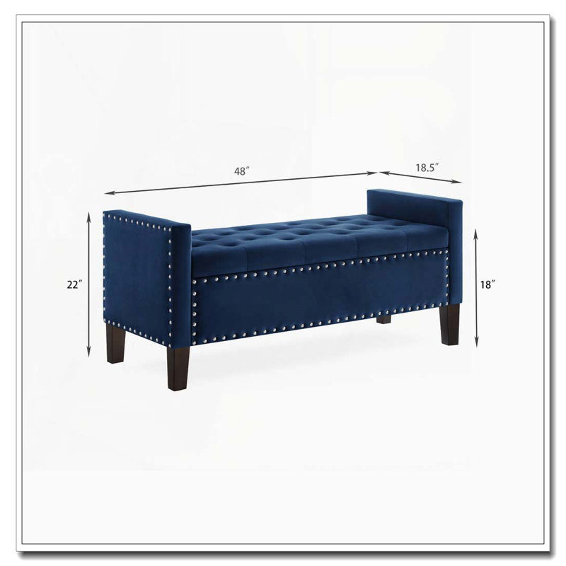 Banc de rangement rembourré avec accoudoirs et garniture cloutée, Marine
