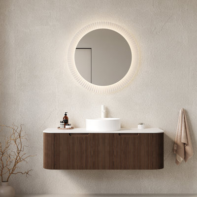 Meuble-lavabo 48 po avec lavabo, meuble de rangement mural à bords arrondis avec 2 tiroirs, lavabo rond en céramique blanc, sans robinet, pré-assemblé, grain de bois