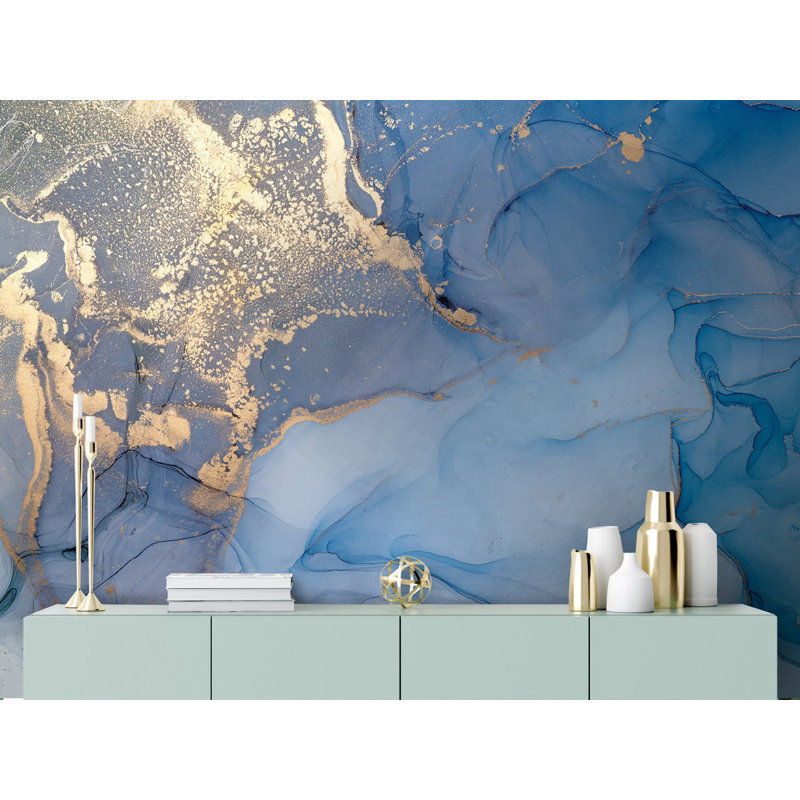 Papier peint abstrait à motif de marbrures abstraites d'aspect marbre bleu, L 114 po x l 204 po