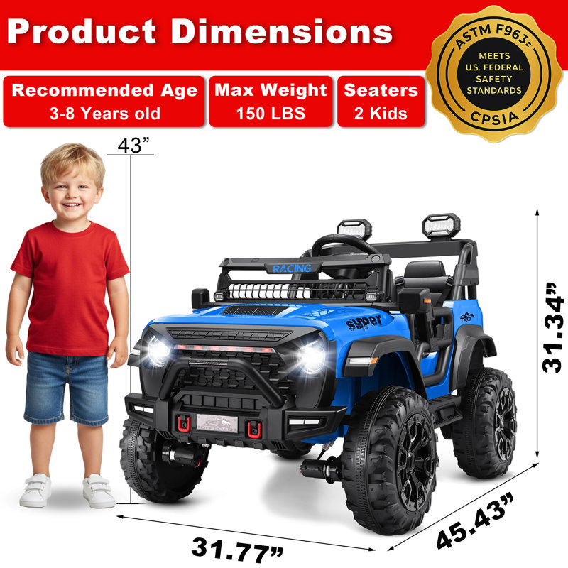 Alex 24V 4WD//2WD Ride On Jeep Car With Remote Control, Real 2 Seater Electric Truck For Kids,4X100w Motor,LED Headlights,Music Player,20 Wide Seat,Ride On Toy For Kids Toddlers, Blue